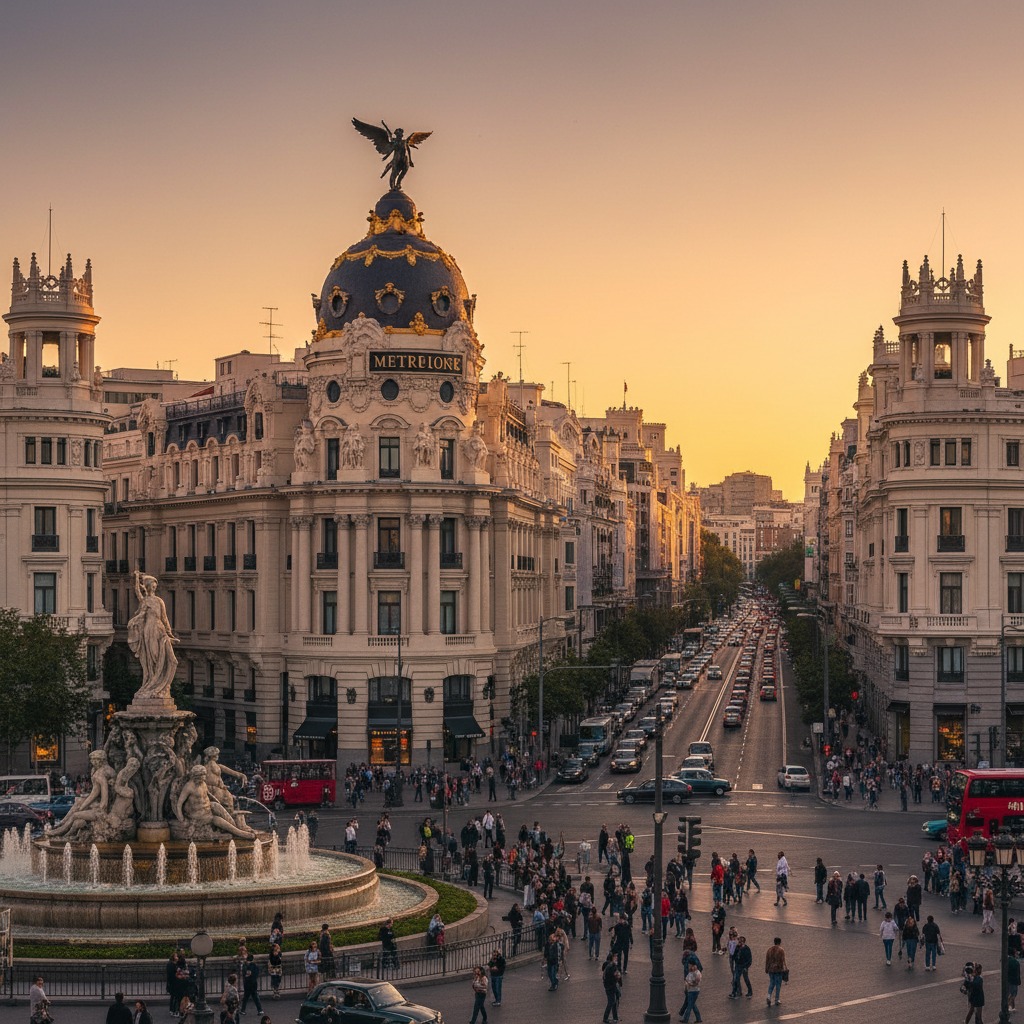 Vista de la plaza de Cibeles en Madrid al atardecer, con el edificio Metrópolis iluminado, una fuente en primer plano y tráfico circulando por la calle Alcalá.