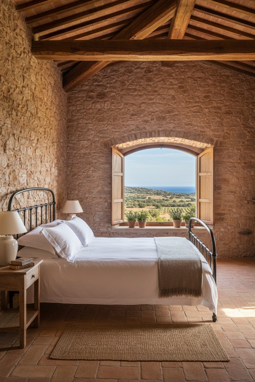 Dormitorio rústico con paredes de piedra vista, suelo de baldosas de barro y techos de vigas de madera, con una cama de hierro forjado y una ventana arqueada que ofrece vistas al campo y al mar.