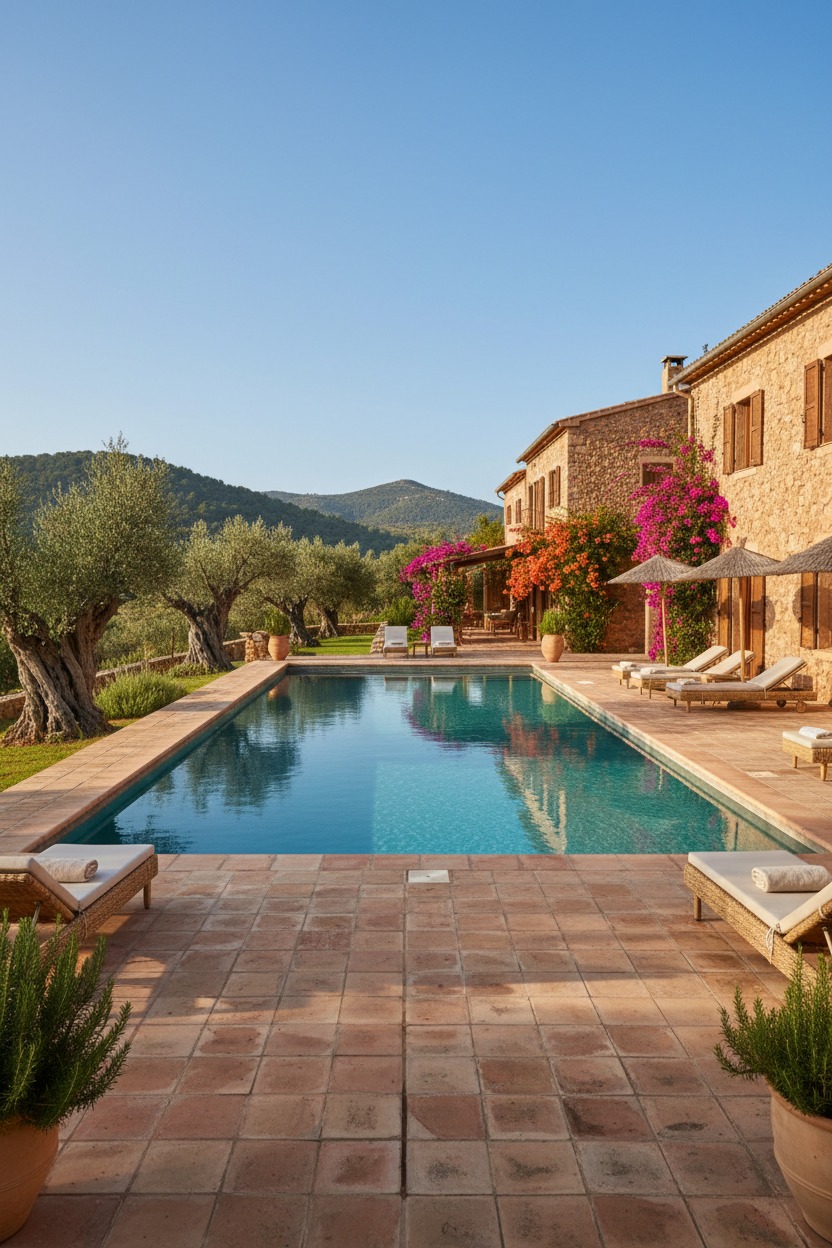 Una piscina rectangular al aire libre rodeada de baldosas de terracota, con tumbonas, árboles y una fachada de piedra bajo un cielo azul despejado.